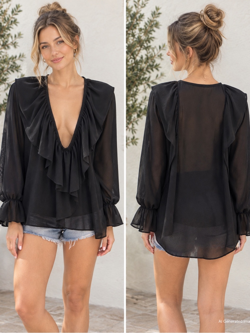 Adonna Black Sheer Ruffle Blouse Romantic Boho Chiffon Long Sleeve